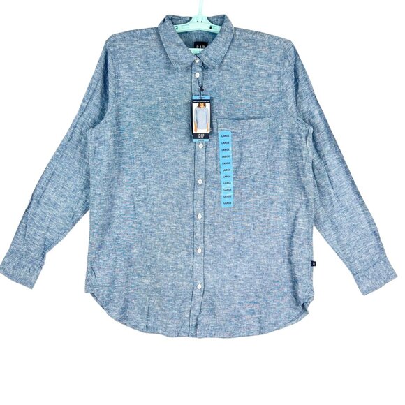 Gap Women Linen Blend Button Down Blue Chambray Shirt Size Large Long Sleeve NWT - Picture 1 of 11